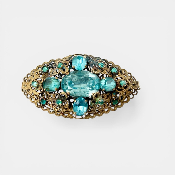 Vintage Czech Aqua Rhinestone Brooch Art Deco 1930s, Ornate Brass Filigree Oval - Picture 3 of 8